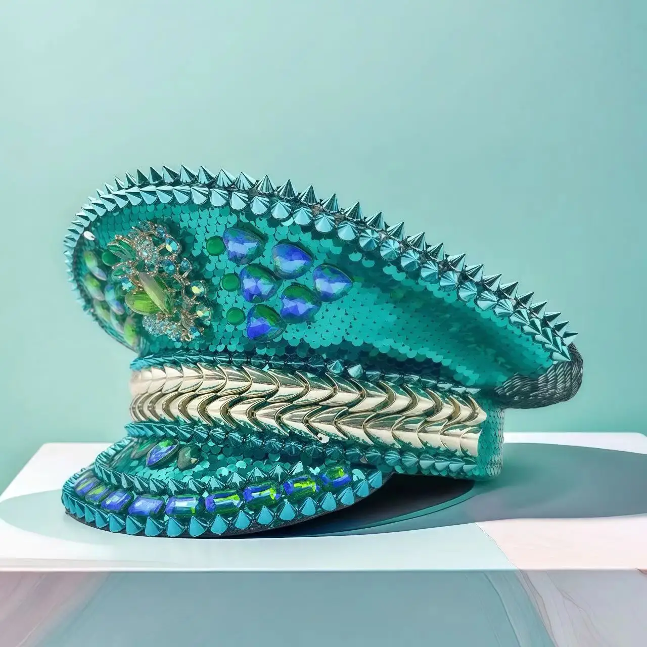 HongLuan Gelber Laser-Leder-Loop-Kapitänshut mit Strasssteinen und Militärkappen für Damen, Rave-Festivals-Accessoires und Partymütze für Herren