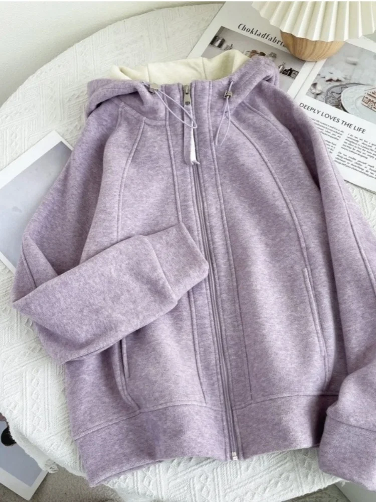 

Spring Autumn Hooded Jackets Slim Fit Casual Daily Women Solid Cotton America Sport Jacket Zipper Cardigan Coats Solid Beige Y2K