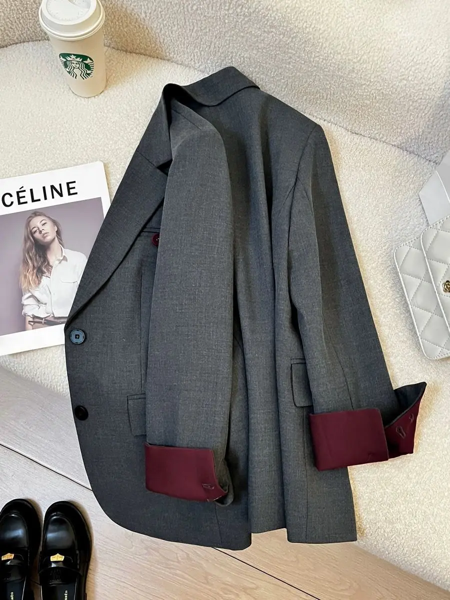 New Fashion Design Sense Thin Small Suit Top Autumn Gray Korean Version Loose Casual Blazer Jacket