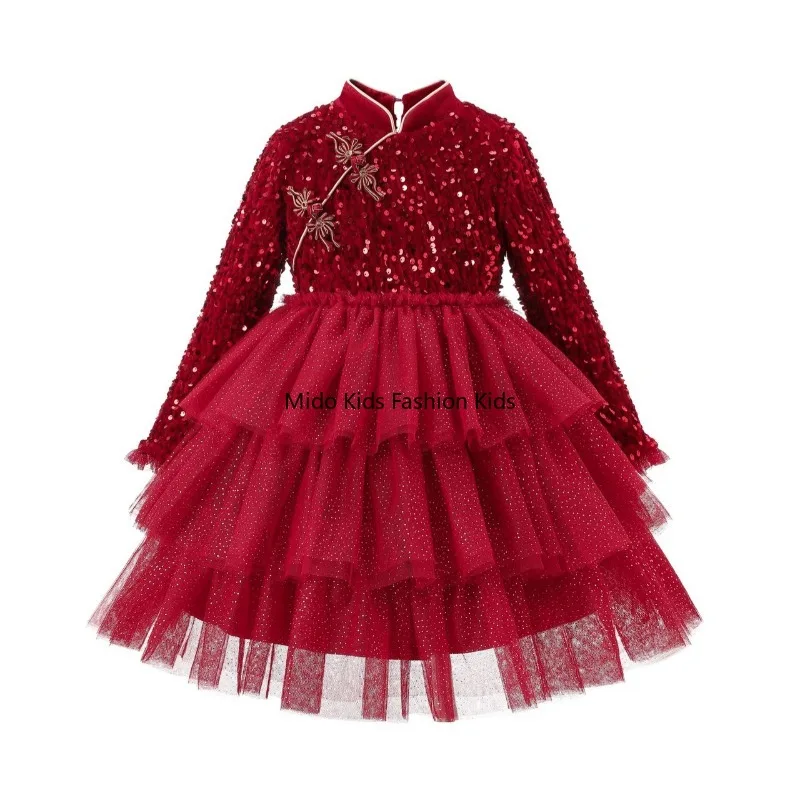 

Chinese Style Long Sleeve Sequin Princess Dress for Girls Autumn Winter Birthday Party Gown 80-130cm