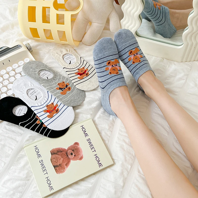 5 Pairs Women Socks Kawaii Spring Summer Cartoon Socks Bear Striped Cute Casual Female Invisible Non-slip Invisible Socks Sox