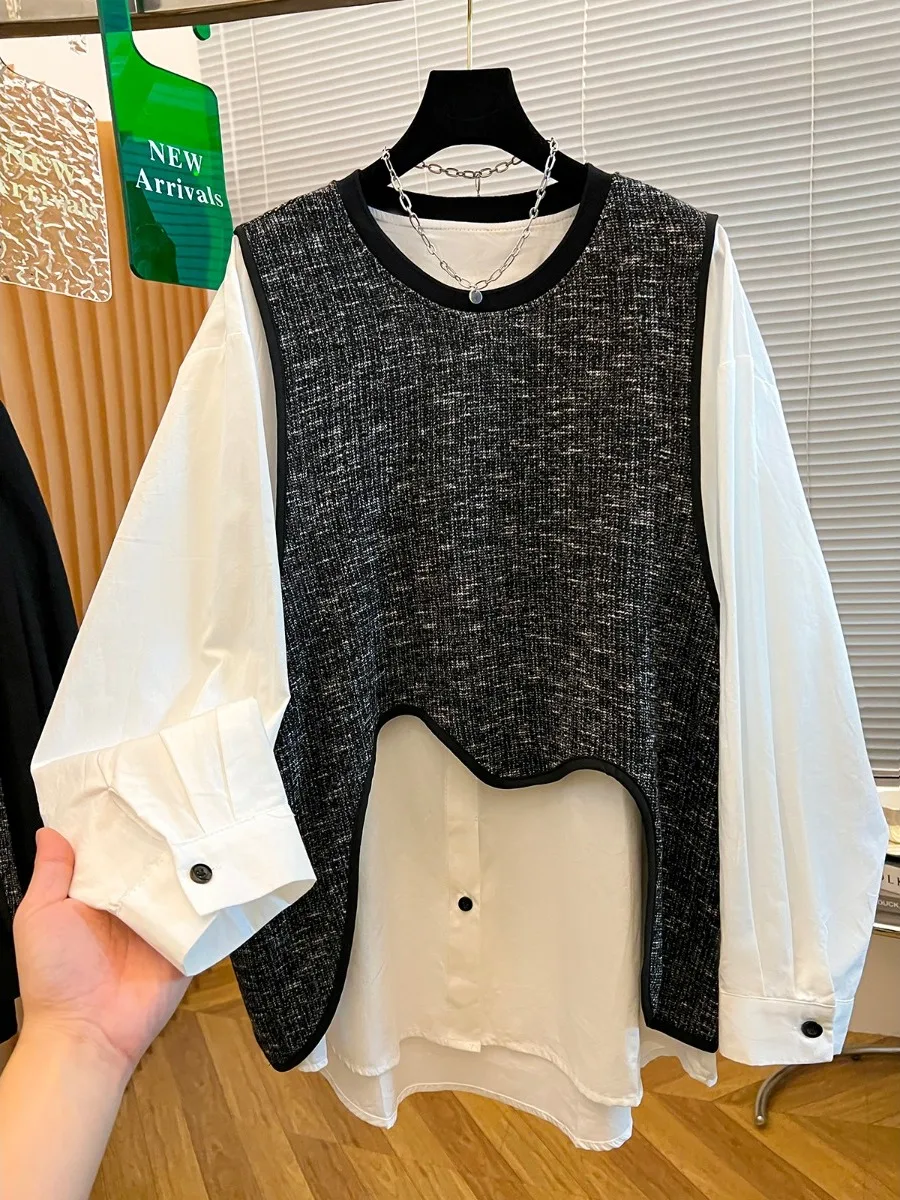 Coreano sle redondo ne moletom feminino primavera outono solto splice falso topo de duas peças confortável design de desflng de idade