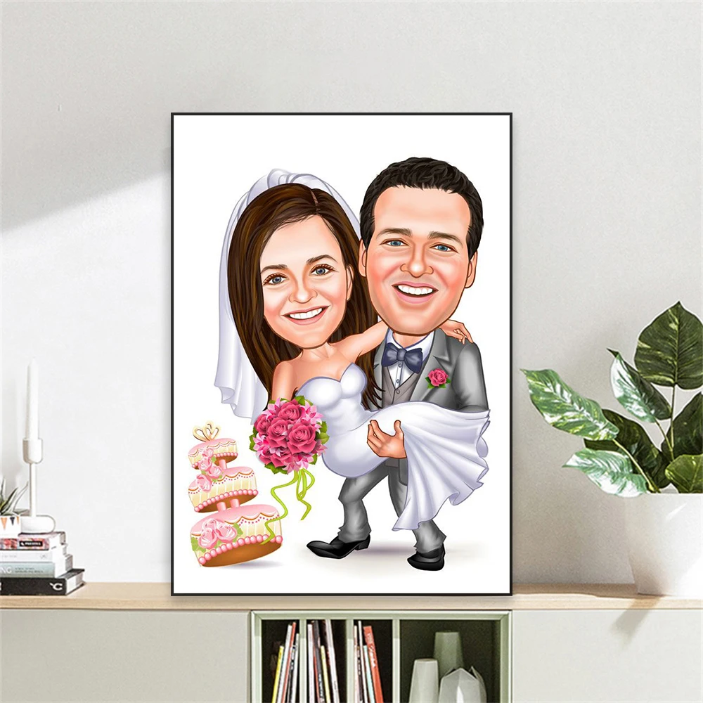 Custom Wedding Caricatures Poster Cartoon Portrait Prints Personalize Canvas Painting Print Lovers Valentine's Day Wall Decor