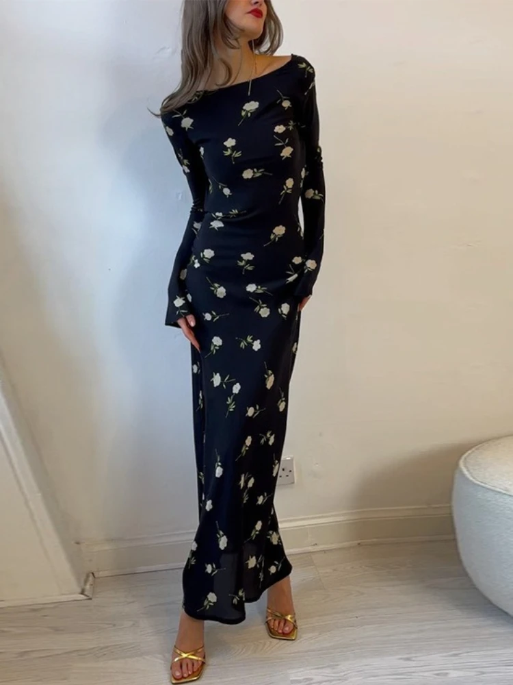 

Tossy Printing Backless Maxi Dress Female Flared Sleeves Slash Neck Contrast Elegant Slim High-Waist Women’s Bodycon Maxi Dress