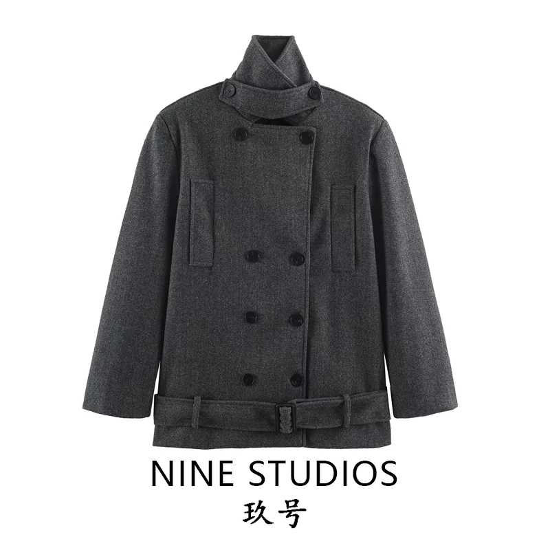 NINE ZAR Women's Pure Color High Collar Double Breasted Woolen Pocket Decorated Coat Jacket Top Ladies Fashion Winter Outerwear