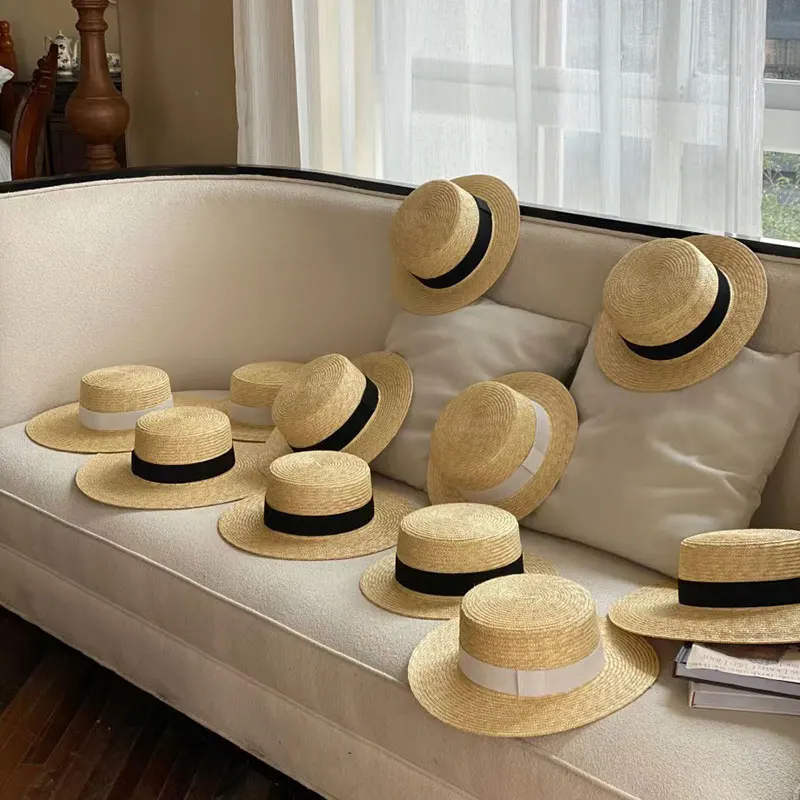 Women Wide Brim Boater Hat 5/7/10cm Brim Straw Hat Flat Women Summer White Black Ribbon Sun   Hat Beach Cap Sombrero Mujer Playa