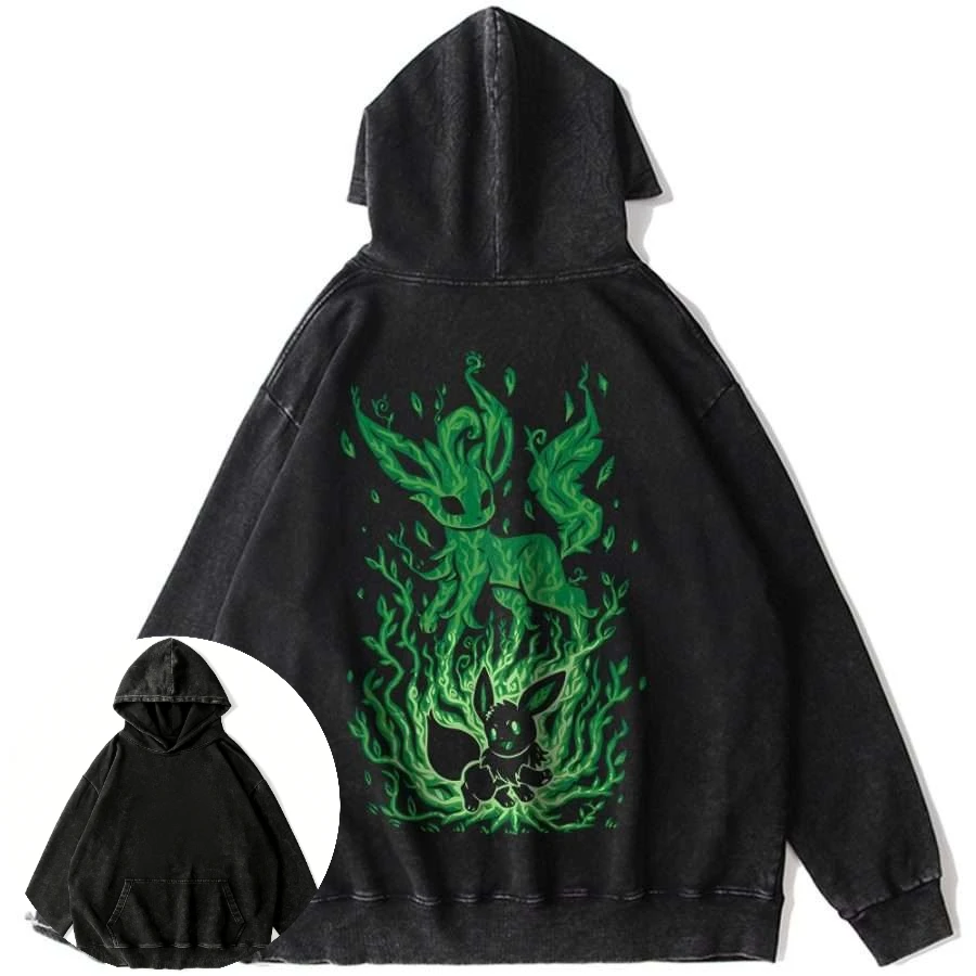 سترة بقلنسوة قطنية كلاسيكية سوداء للجنسين مع سويت شيرت كاجوال بأكمام طويلة وطباعة خضراء كلاسيكية من Pokemon Anime Eevee and Leafeon