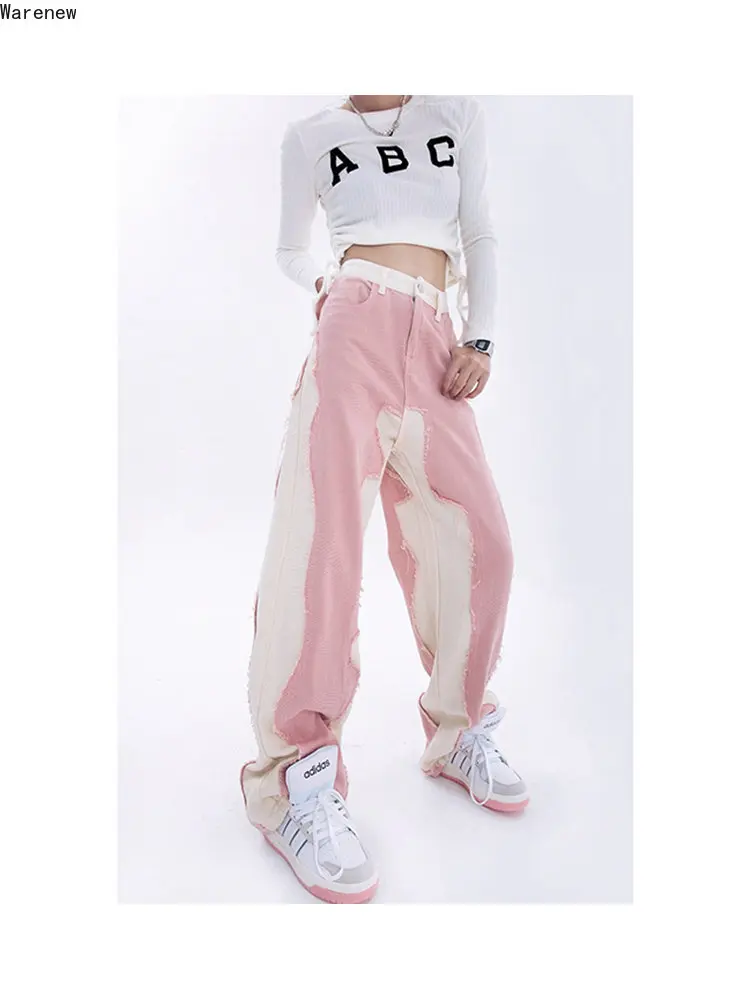 Casual Hip Hop Fashion Y2K Pink High Waist Baggy Jeans Denim Women\'s Wide Leg Streetwear Vintage Straight Trouser Female Pants