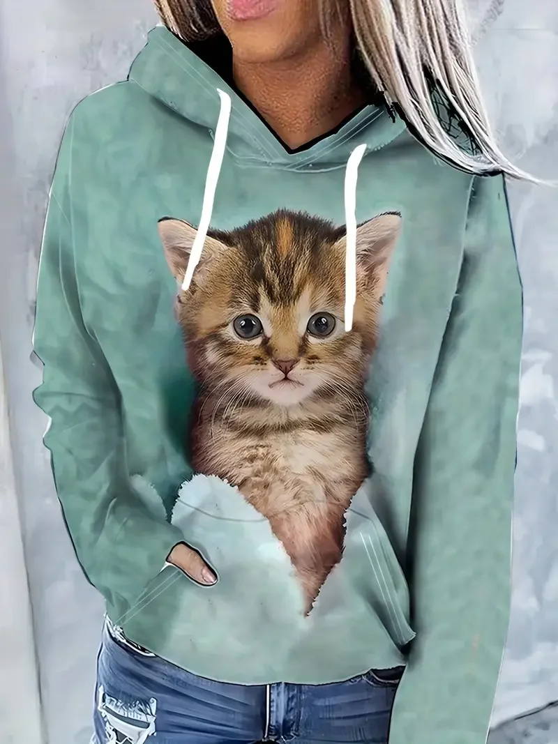 

Новые модные толстовки с 3D принтом забавного кота, женская повседневная толстовка с капюшоном, пуловер большого размера Y2K, толстовки с капюшоном, топы, женское пальто, одежда