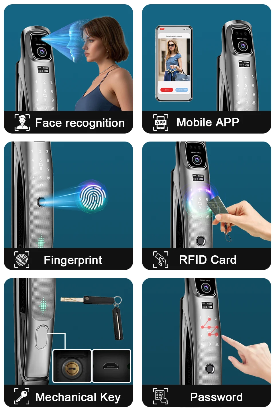 multi language 3D Face Smart Door Lock Security Camera Monitor Intelligent Fingerprint Password Biometric Electronic Key Unlock