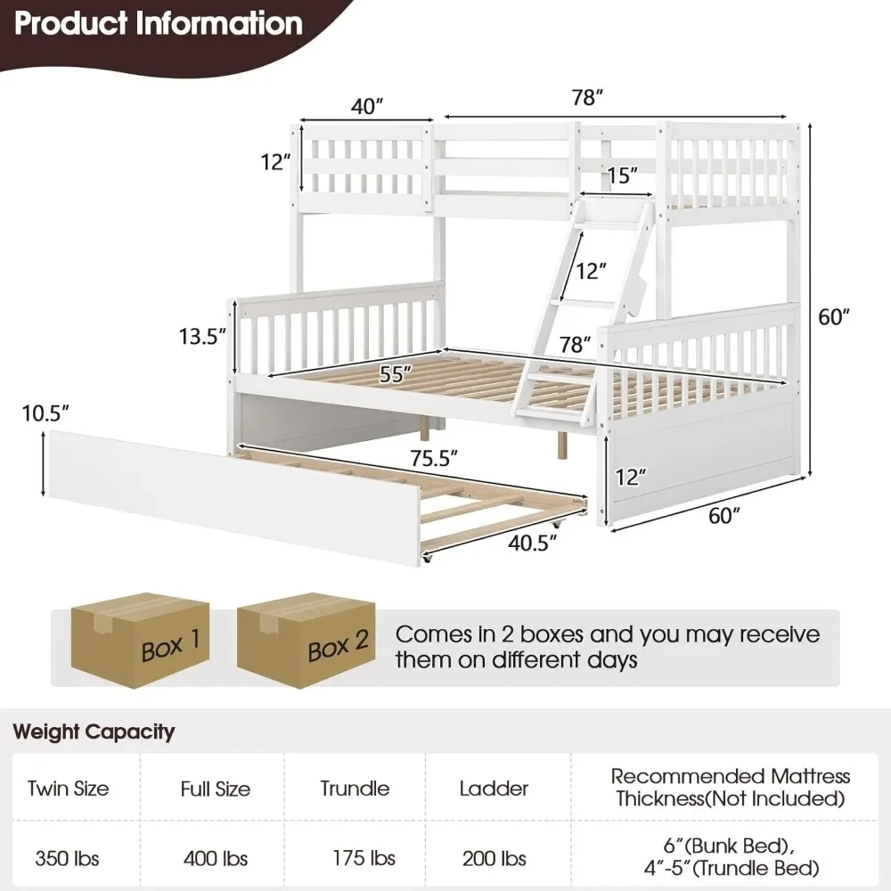 Wood Bunk Bed ,with Trundle, Bunks Beds Frame with, Space-Saving Bunk Bed with Ladder & Safety Guardrails, Solid Pine Wood Frame