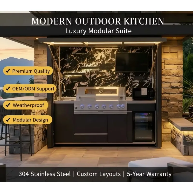 Stainless Steel Modular Modern Solid Wood Outdoor Kitchen Cabinets Acrylic Backsplash Faucet Hinge for Wall Mount Installation