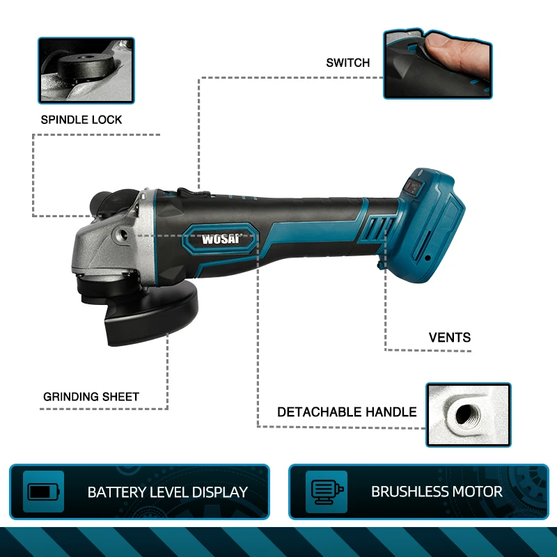Velocità variabile senza cordone della smerigliatrice di angolo di impatto di WOSAI 125mm MT-SER per la lucidatrice della tagliatrice dell'utensile elettrico della batteria di Makita