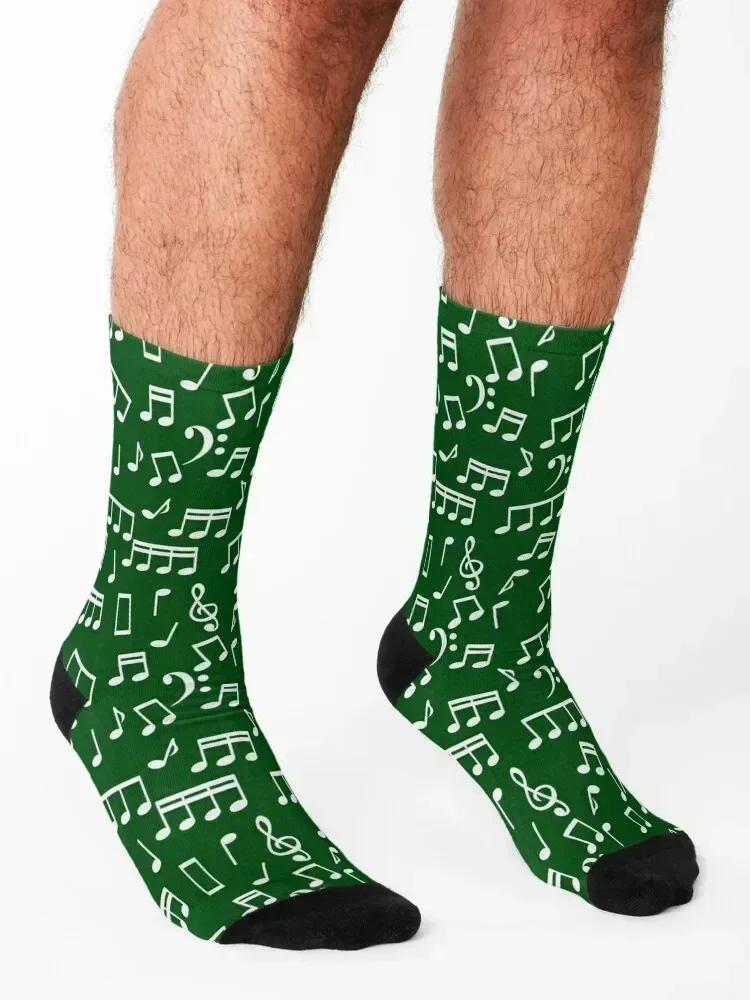 White Music Notes on Green Background Socks Rugby custom Sports aesthetic Socks Men Women's