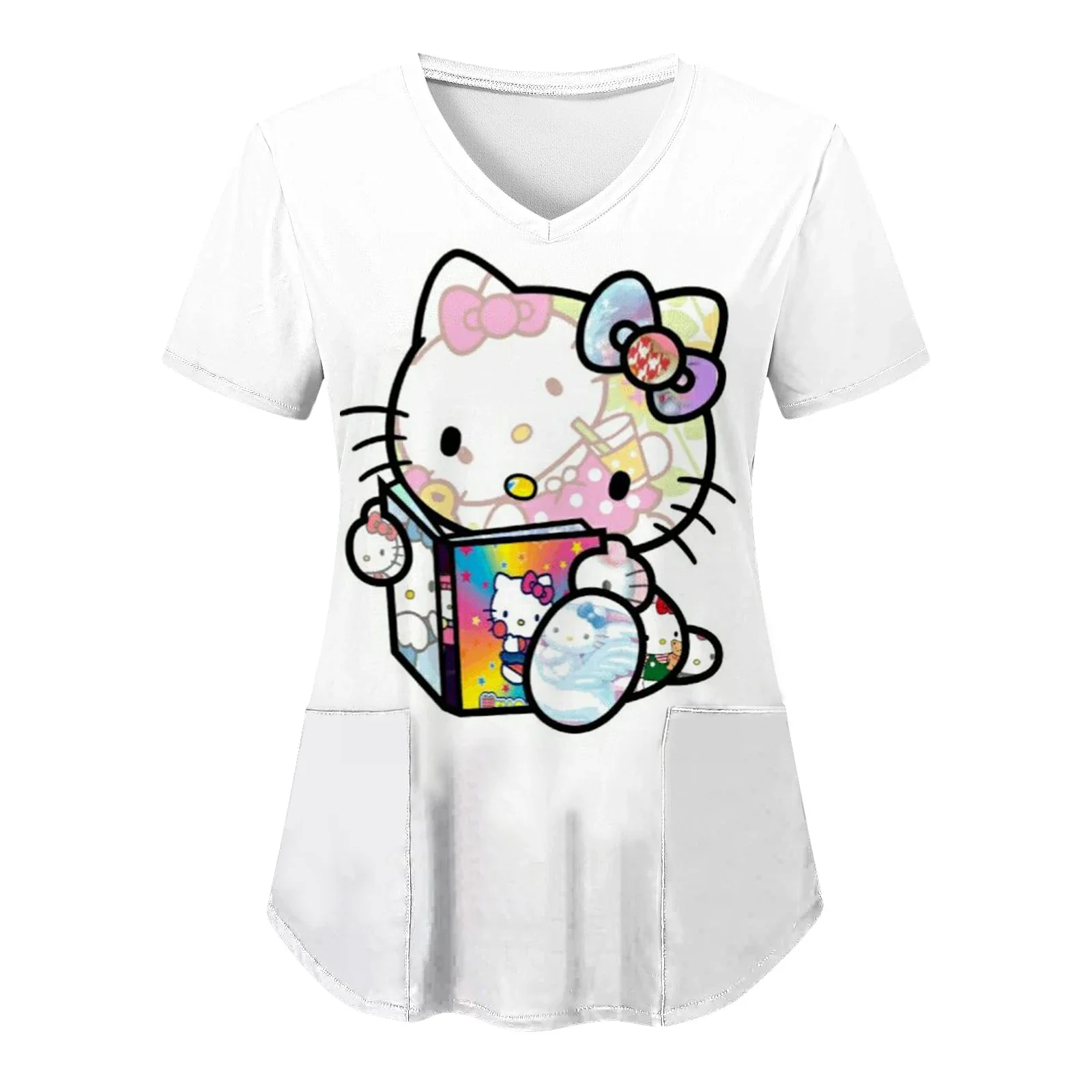 Summer Woman Nurse Uniform Hello Kitty Tops Women T-shirt V-Neck Short Sleeve 3D Print Pocket Fashion Hospital Uniform