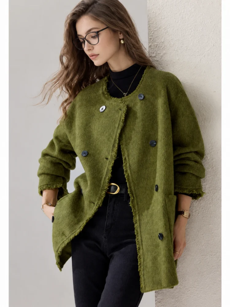 Women's V-Neck Double Breasted Mid Coat, Raw Edge Fringe Oversized Loose Fit Winter Jacket
