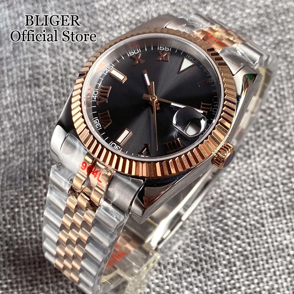 BLIGER-Relógio Automático Masculino, Bracelete de Aço, Vidro Safira, Mostrador Cinza, Two Tone, Ouro Rosa, Roman Numbers, NH35A, 36mm, 39mm