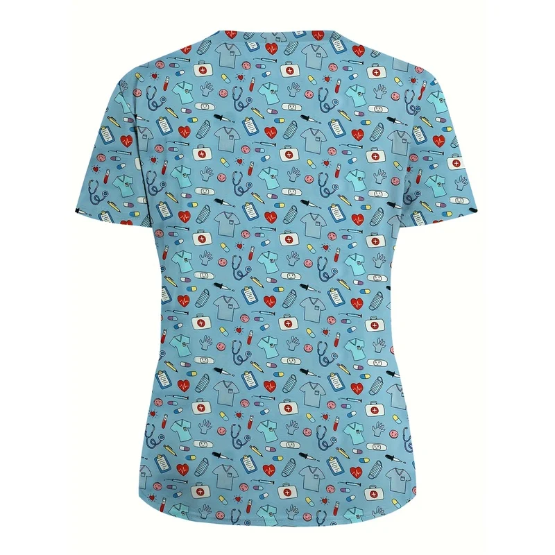 All-over print，Light blue gadget pattern，Female doctor scrubbing her blouse，Two pockets，Women's Medical Uniform Professional Blo