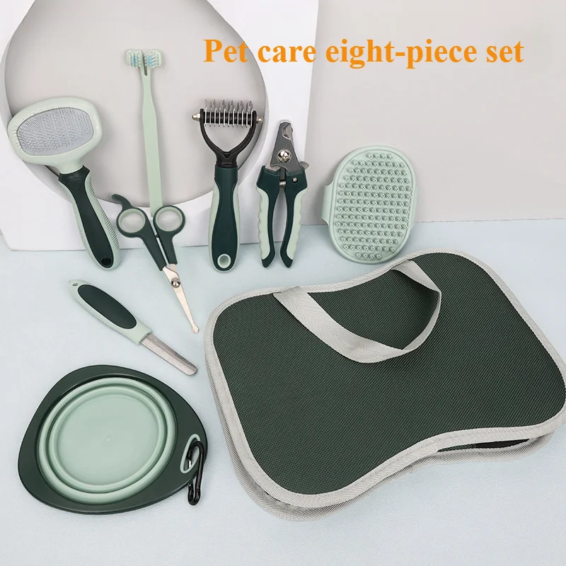 

8-piece Pet Grooming Set for Cats and Dogs Scissors, Hair Removal, Needle Comb, Massage Brush, Cat Bowl, Dog Basin, Toothbrush