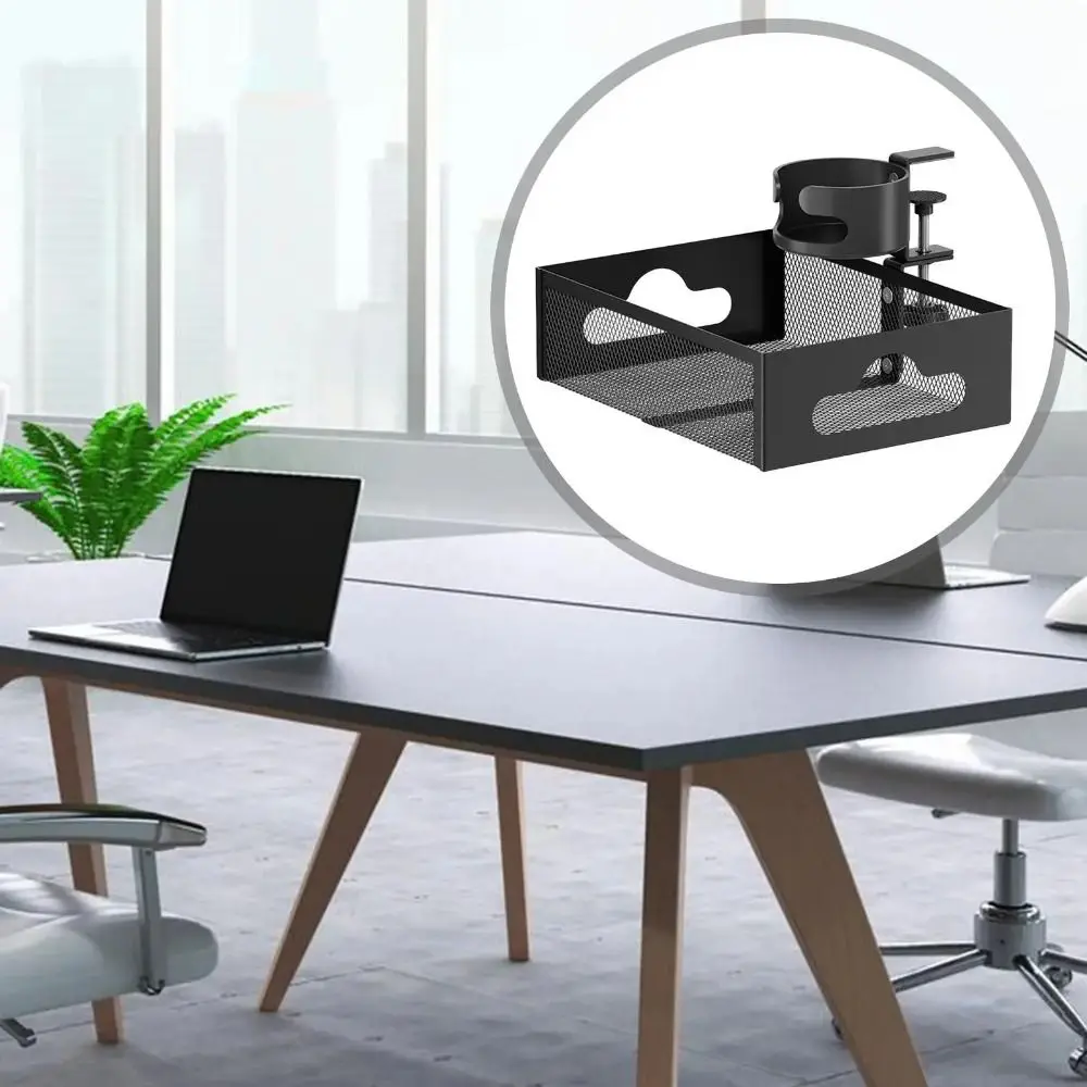 

360 Degree Rotating Under Desk Storage Rack No Drill Carbon Steel Desktop Stationery Shelf Multifunctional with Cup Holder