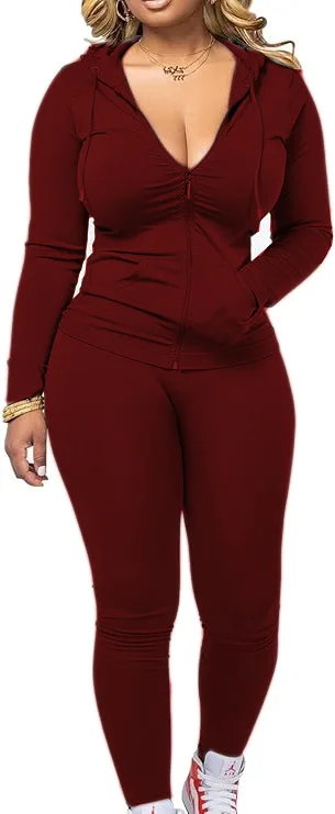 Women's Casual Sexy Long-sleeved Zipper Hooded Two-piece Sports Suit Europe and America