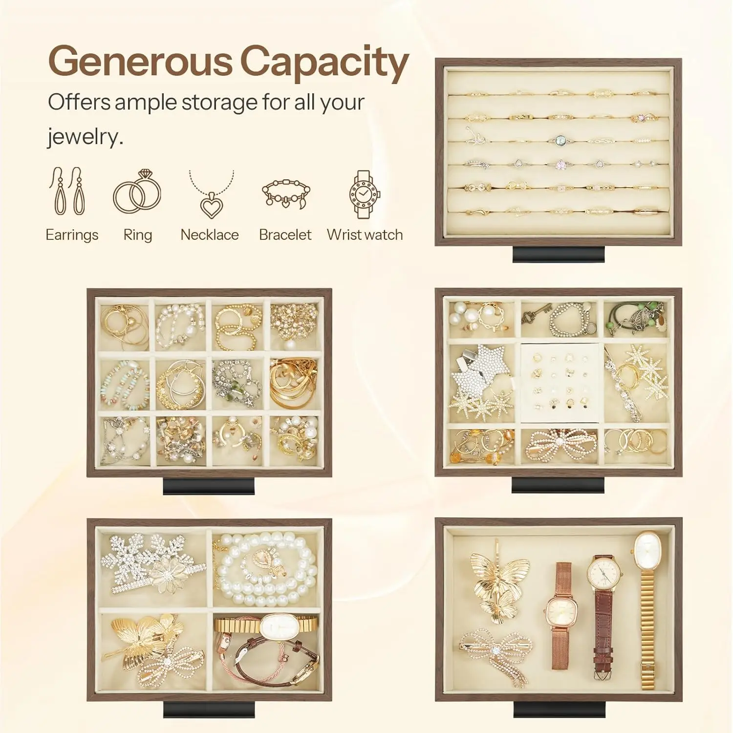 صندوق مجوهرات مكون من 5 طبقات، منظم مجوهرات خشبي بنوافذ شفافة، صندوق تخزين المجوهرات مع درجين عموديين #4