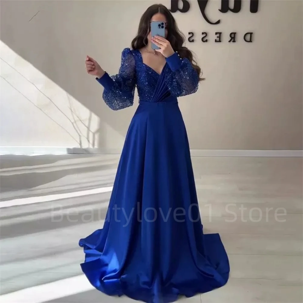 

High Quality Exquisite Puff Sleeves Blue Glitter A-Line V-Neck Night Prom Dress Bride Formal Occasion Party Gowns De Soriee