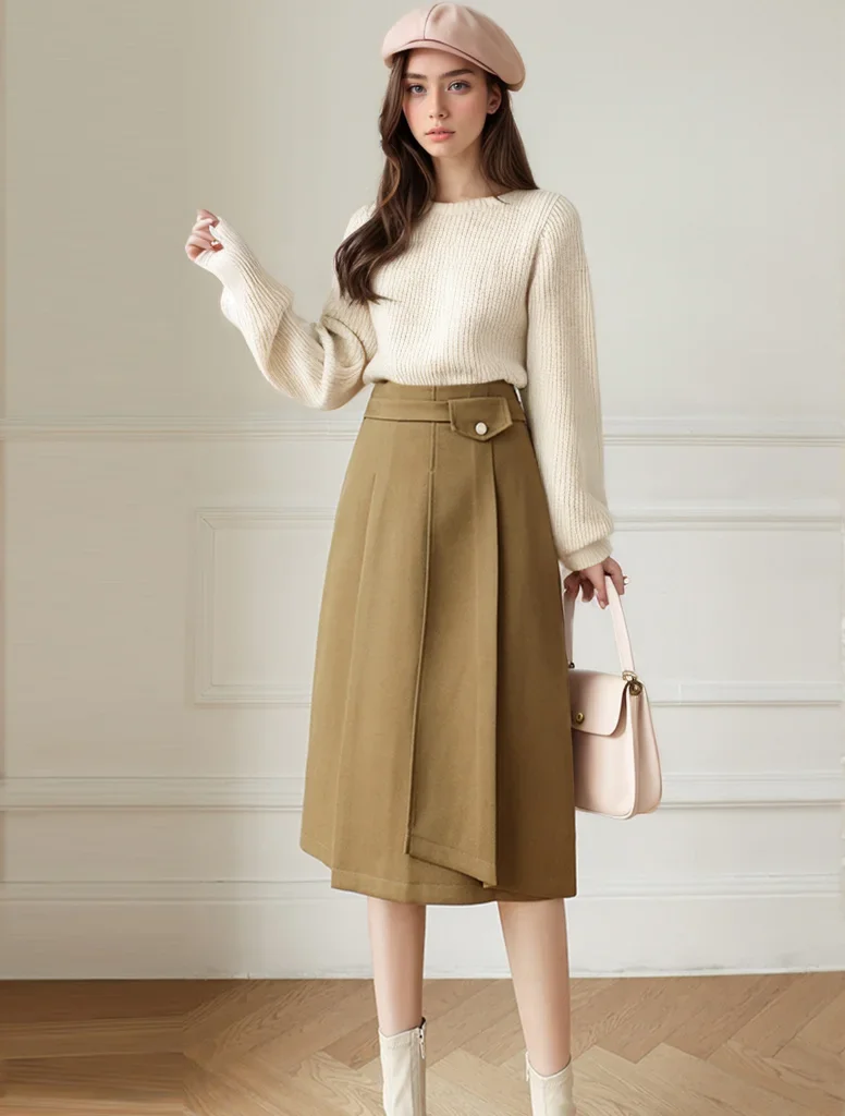 

Pop New Arrivals Winter Casual Woolen Skirts Women High Waist Knee Length Office OL Work Irregular Skirt Lady