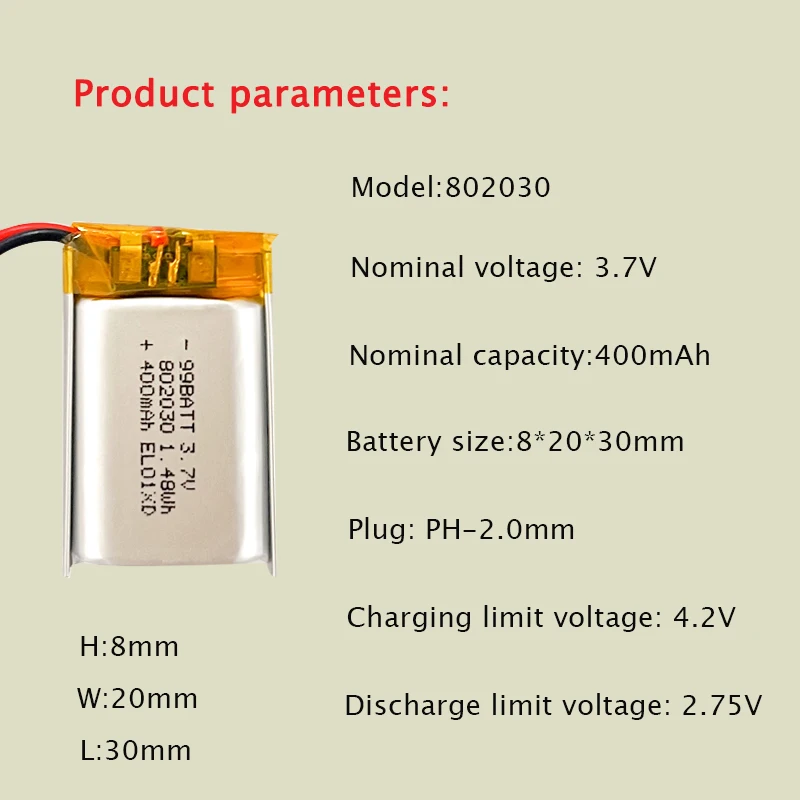 802030 Rechargeable Polymer Lithium Battery 3.7V 400mAh Li-Po For MP3 MP4 MP5 GPS Bluetooth Speaker LED Lights GPS Instruments