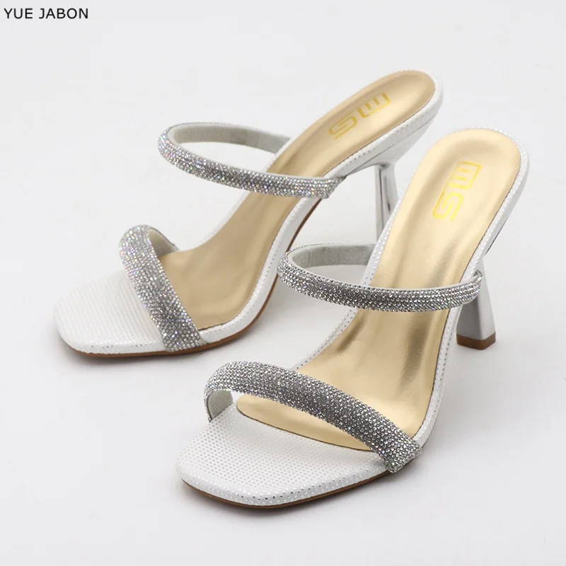 

Square Toe Glitter Slides Silver High Heel Slippers Women Sexy Peep Toe Slide Sandal Elegant Banquet Dress Shoe Zapatos De Mujer