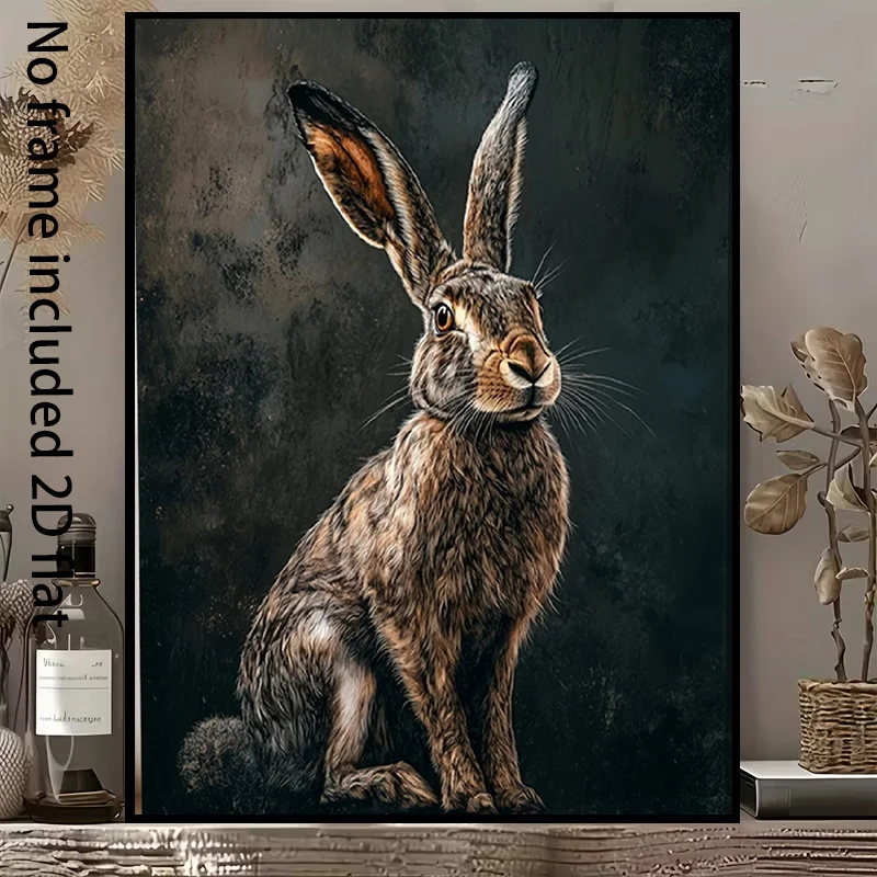 2D Flat, 2D Flat, A 2D Flat Canvas Painting of a Lifelike Wild Rabbit Against a Deep Background, Showcasing The Beauty of Nat
