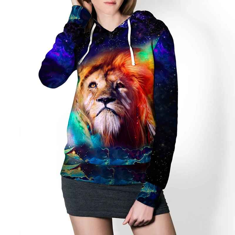 

Women casual 3D printed lion pattern printed hoodie drawstring comfortable super big hat pullover for autumn