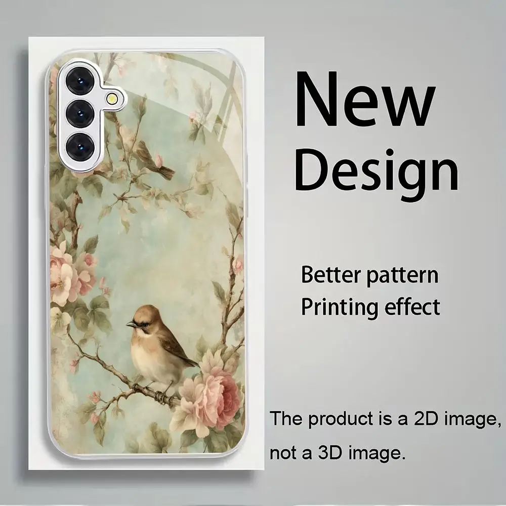 Bird Song Flower Fragrance Silver Plated Glass Phone Case Suitable for Samsung Galaxy S26 S25 S24 S22 S21 S20 FE/Ultra/Plus