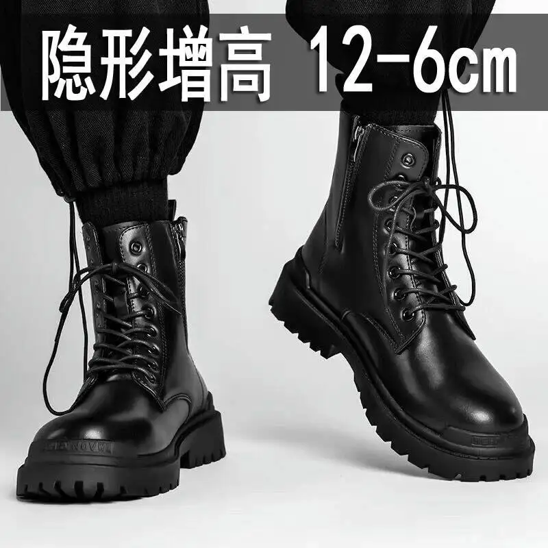 12cm 10cm Men's height increase Boots Men's High top Boots British Black Leather Boots Classic cos height shoes Lace up shoes ﻿