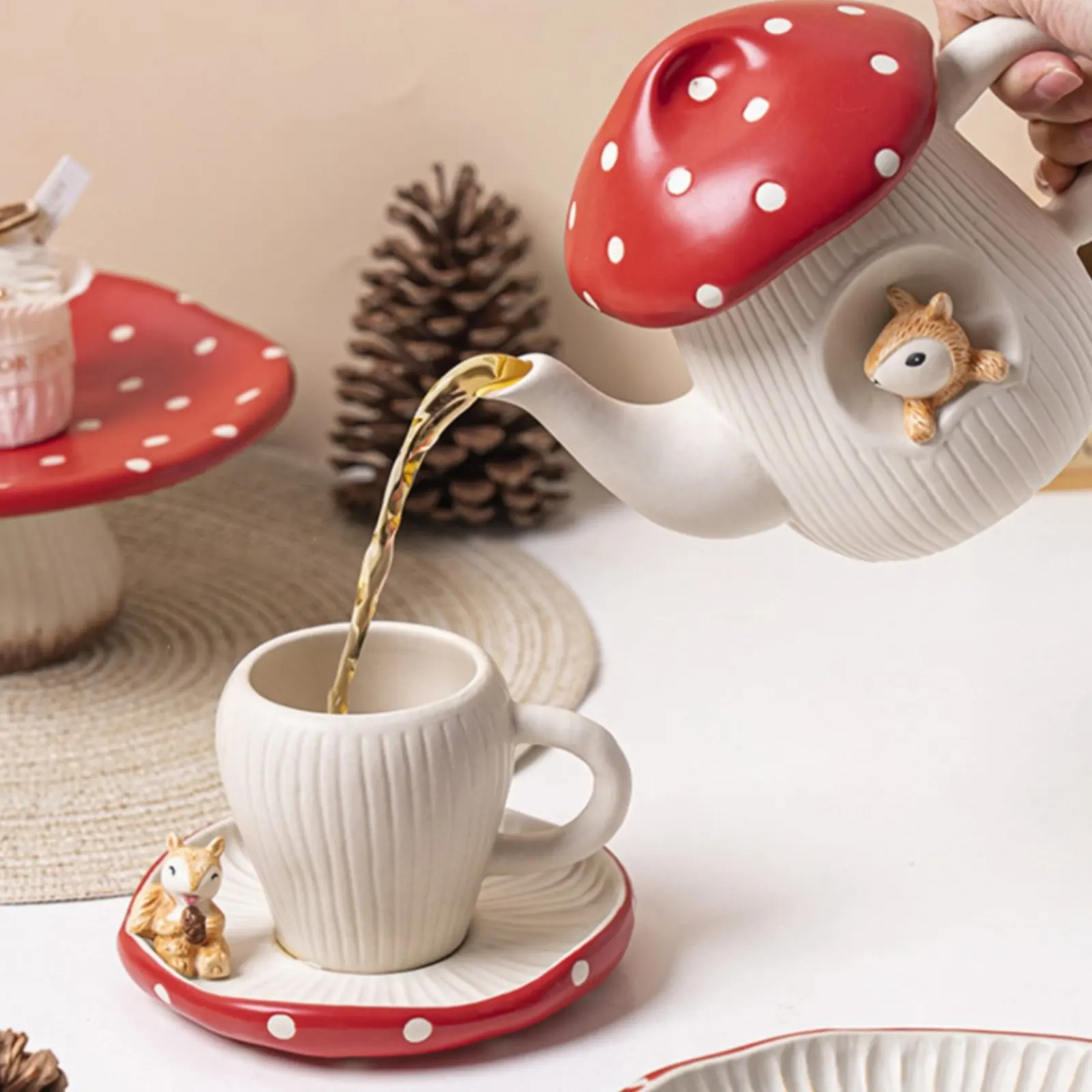 Fungus Tea Set Heat-Resistant Ceramic Tea Set Easy to Present High-End Look for Dessert Serving