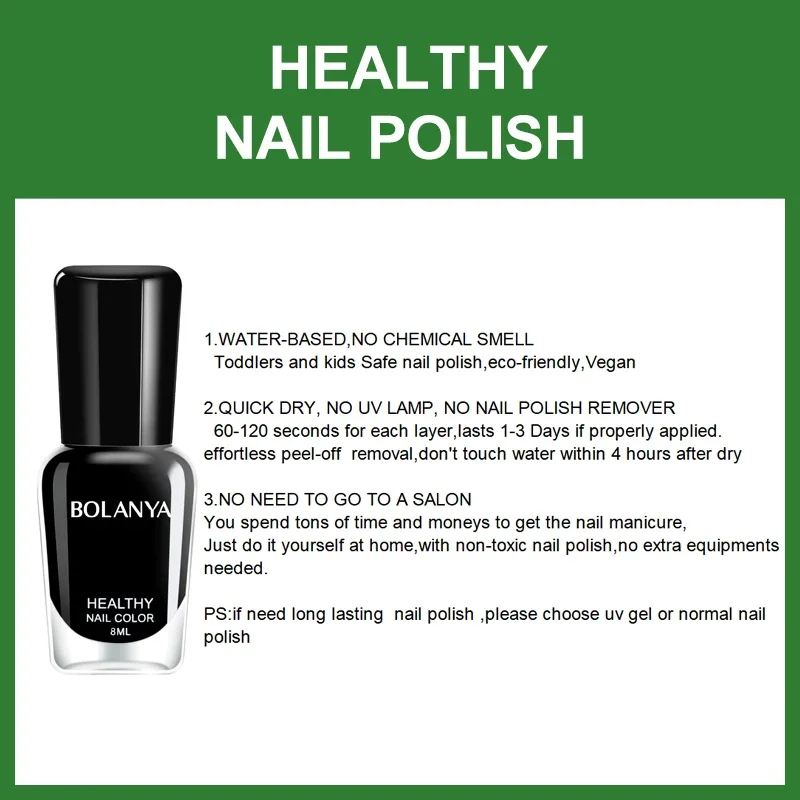 Quick Air Dry Water Go Through Cruelty-free Peel off Vegan Muslim Halal Nail Polish 10ml