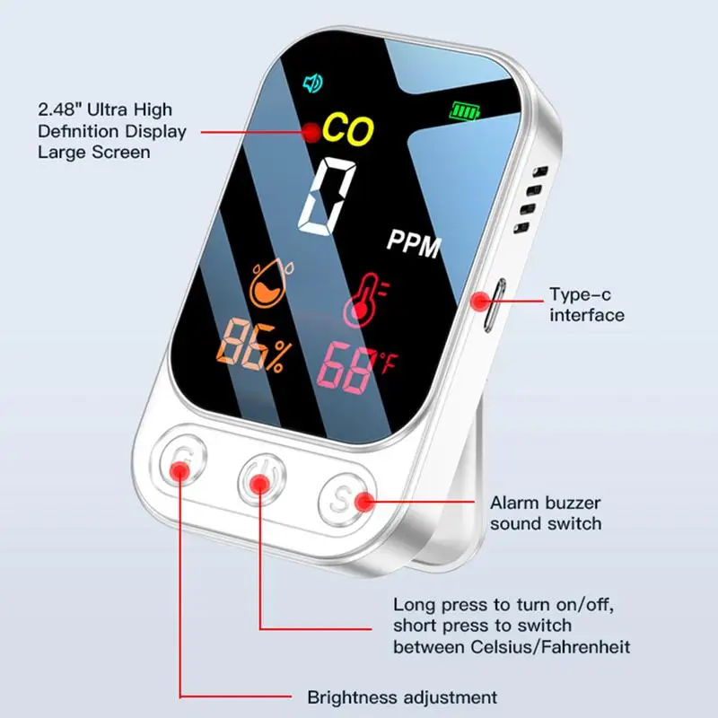 Imagem -03 - Monóxido de Carbono Standalone co Detector Alarme com Screen Display Recarregável 1000mah Viagem Novo