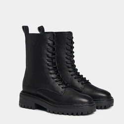 MOOQDAAX 2023 New Autumn Winter Women Fashion Genuine Leather British Style Lacing Short Boots Simple Casual Shoes  Martin Boots