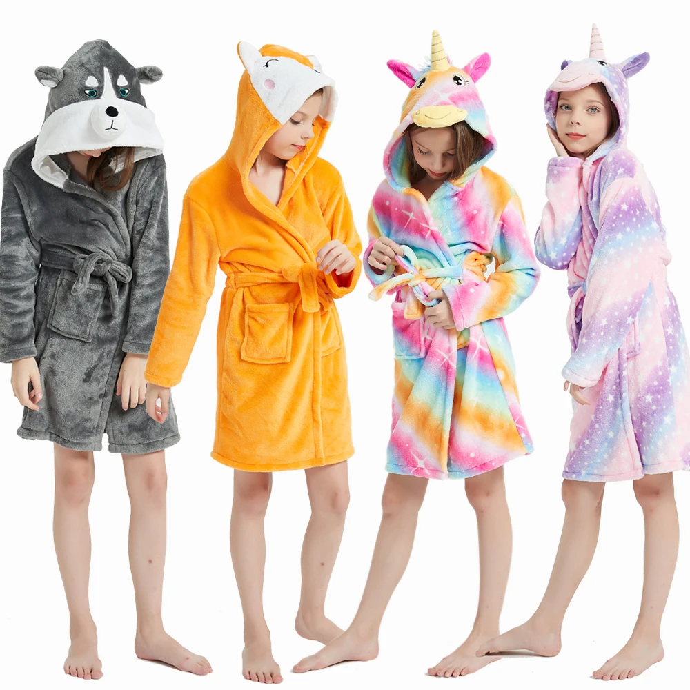 Animal Bathrobes for Girls Children's Pajamas Flannel Winter Boys Husky Robes Kids Home Clothing Baby Girl Warm Soft Nightgown