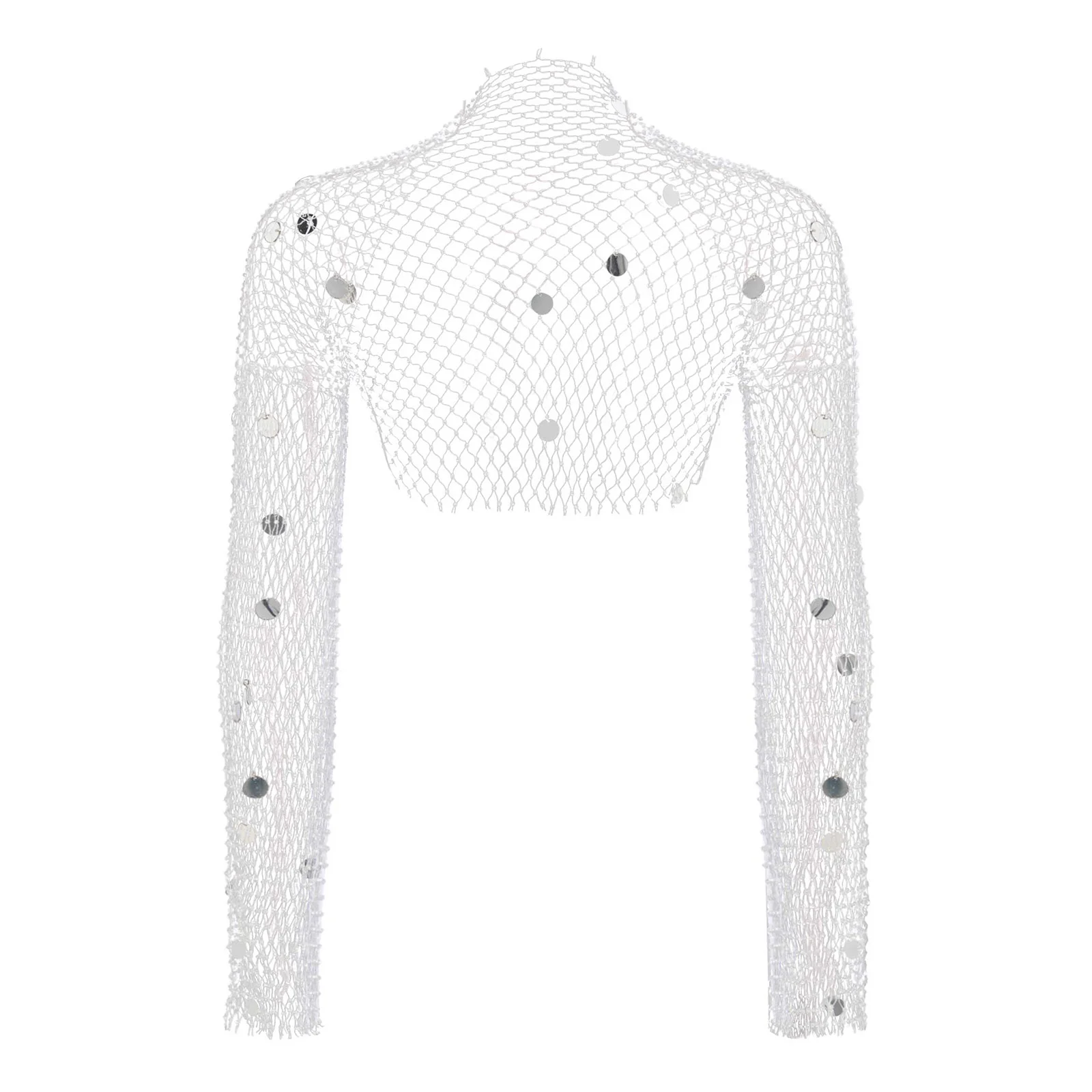 

Women Hollow Out Sexy Cropped Cardigan Sequined Rhinestone Loose Mesh Blouse Tops Long Sleeves Fishnet Cover Up T-Shirt Tops