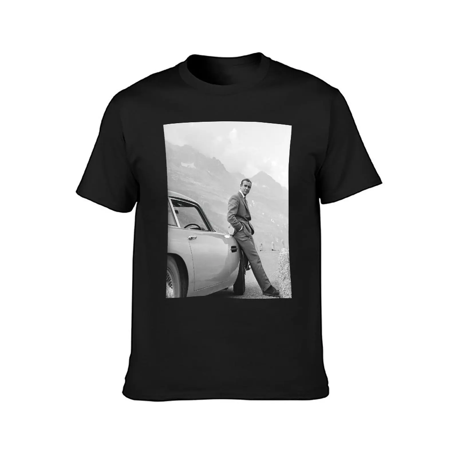 Sean Connery and Sports Car, Black and White Vintage Art T-Shirt plain graphics funny t shirts for men