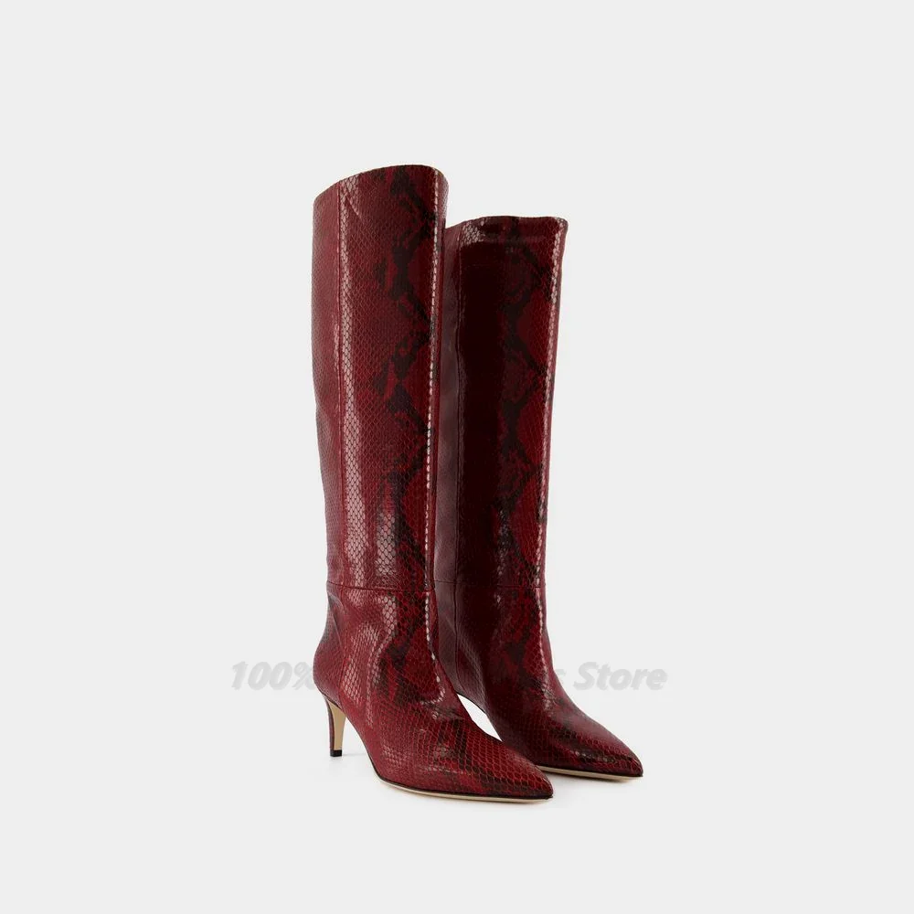 

Foreign Trade Hot Selling Red Snake Patterned Long Tube Women's Boots European and American Fashion Show New Women's Shoes