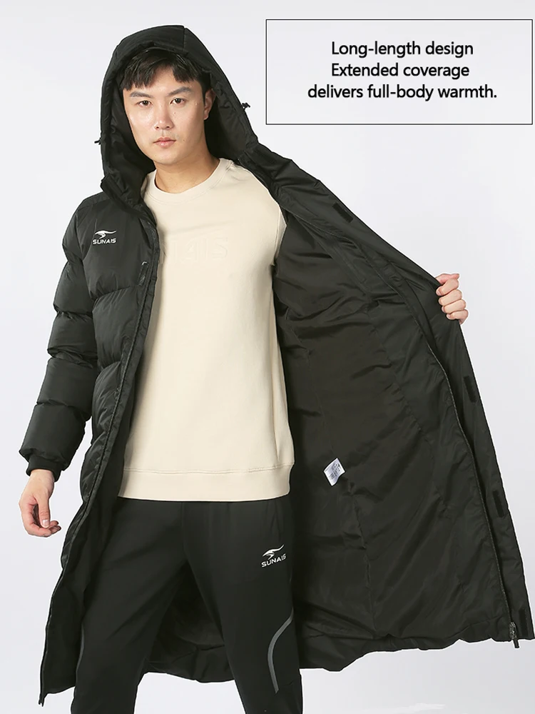 SUNAIS Men Winter Jacket Long Sports Training Hooded Coat Outrwear Warm Silk Cotton Windproof Cotton Clothing 730732