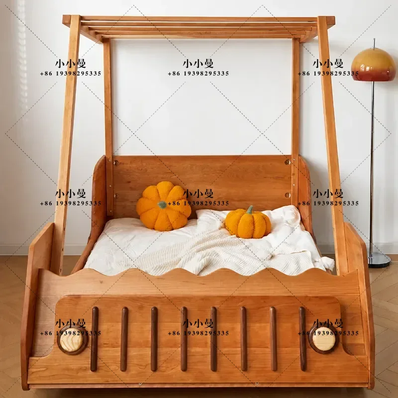 Sports Car Cartoon Design Solid Wood Fence Bed for Boys Bedroom Cherry Wood Childrens Furniture Durable and Safe Kids Bed