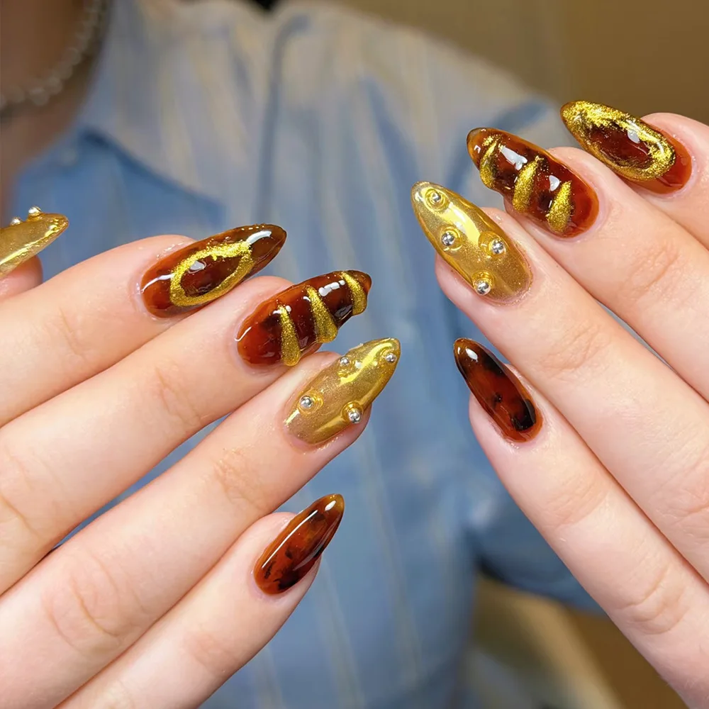 

3d Press on Nails Pearl French Tip Press on Nails Gold-plated False Nails Almond Pearls Design Detachable Acrylic Fake Nail Art