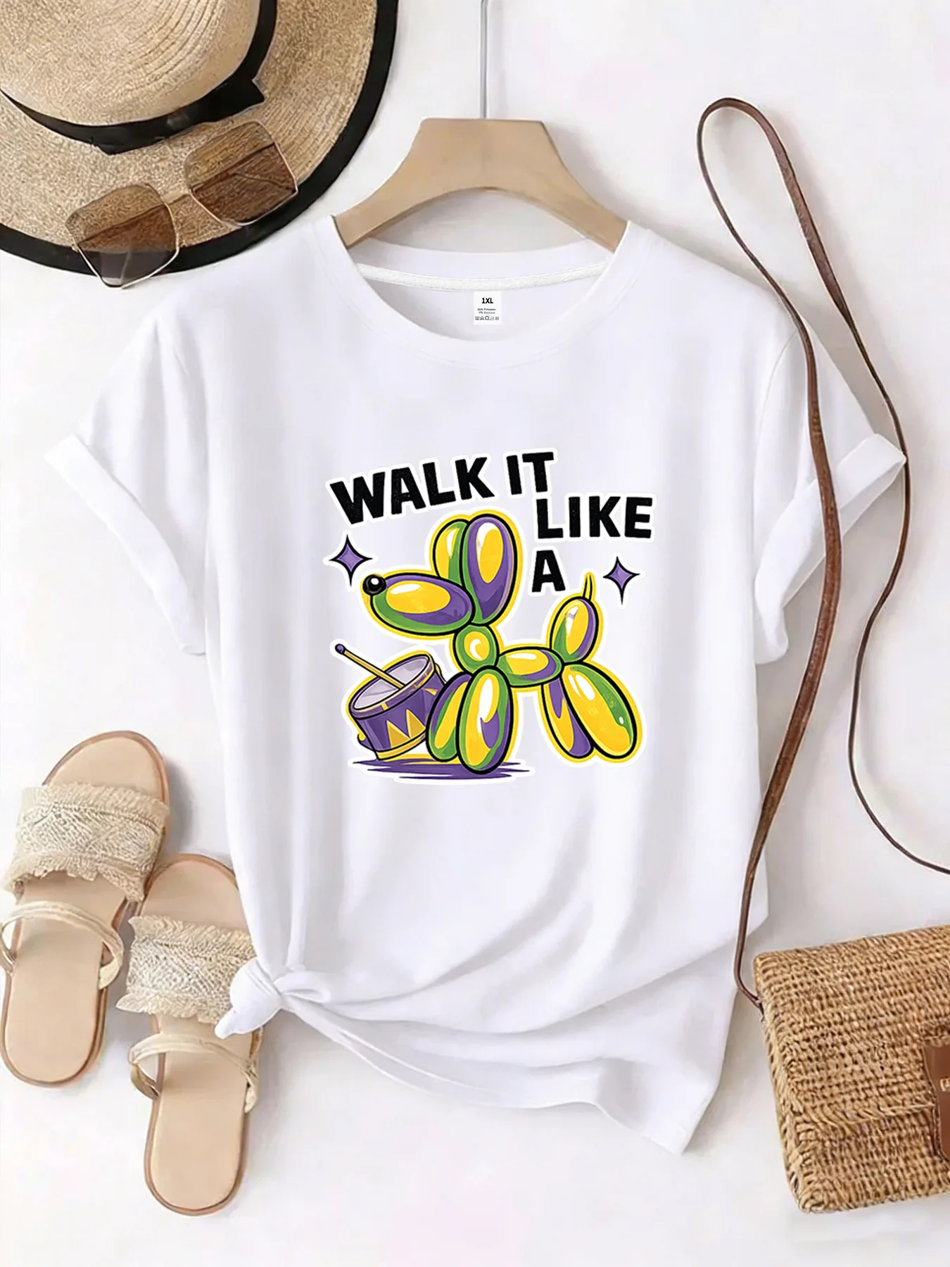 

【YJ00051】Balloon puppy Plus size women's round neck short sleeve T-shirt with elastic half sleeves and trendy prints