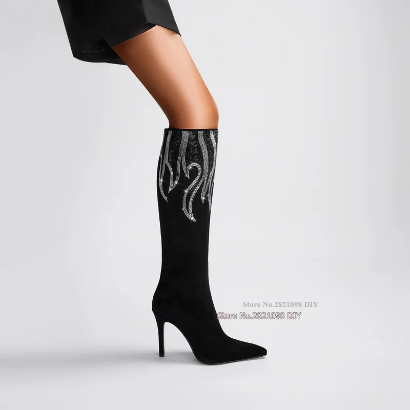 Retro On Fire Black Suede Diamante Flame Thin Heeled Long Boots Women Bling Bling Crystal Knee High Pointed Toe Gladiator Boot
