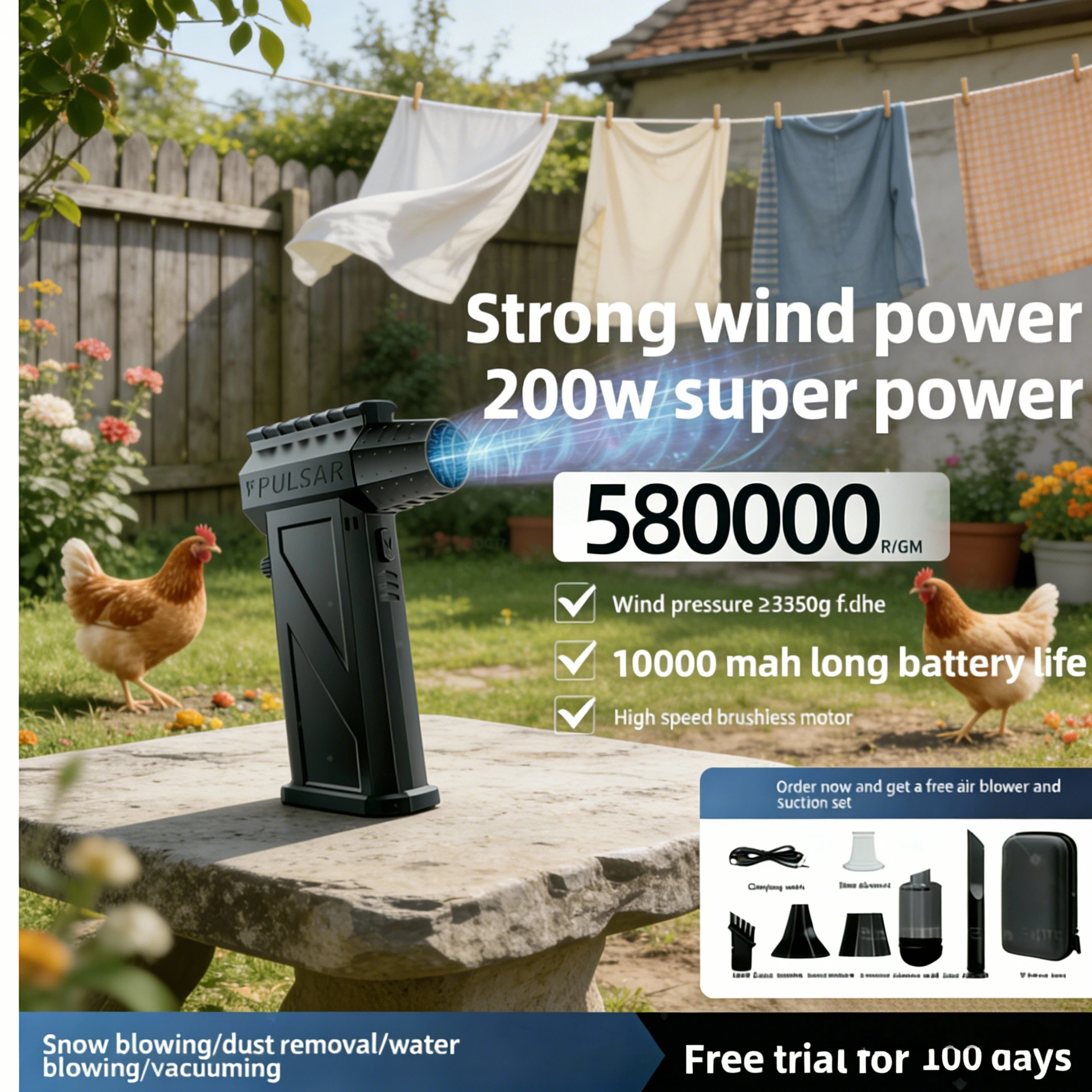 

Мощный портативный жесткий вентилятор с разрешением 580000 об/мин, бесщеточный двигатель, можно использовать для удаления пыли, снега и создания вакуумных операций.