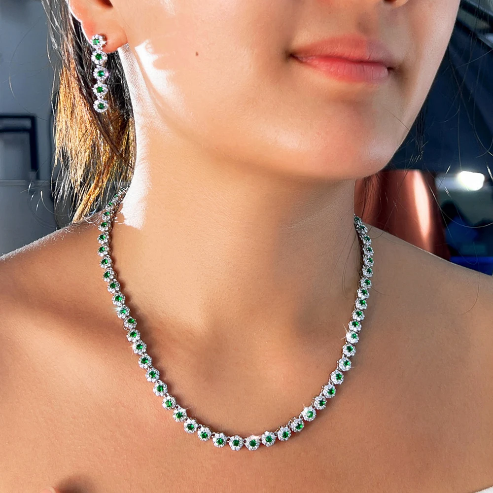 CWWZircons Multi Color Cubic Zirconia Women Wedding Choker Necklace And Earrings Sets Elegant Women Party Costume jewelry T0534