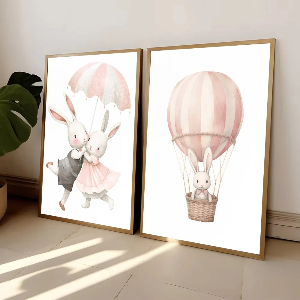 Cartoon Children Pink Rabbit Hot Air Balloon Umbrella Baby Bear Canvas Painting Poster Wall Art Print Living Room Home Decor